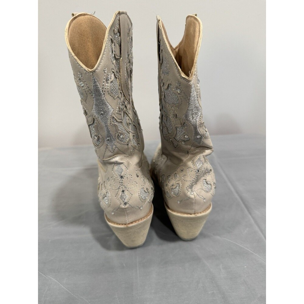 Womens Western Cowboy Boots Beige Silver Glitter Embroidered EU 38 US 7.5 - Picture 4 of 6